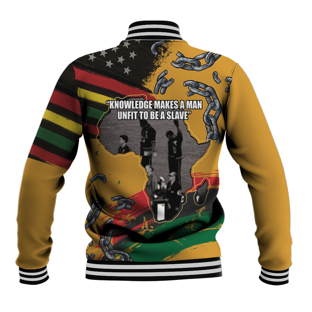 Yellow baseball jacket back with 'KNOWLEDGE MAKES A MAN' text and chain graphic