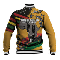 Yellow baseball jacket back with 'KNOWLEDGE MAKES A MAN' text and chain graphic