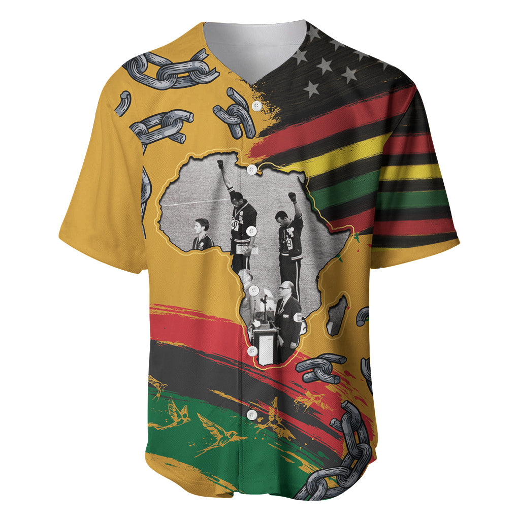 Multicolor baseball jersey with collared V-neck, illustrated map and freedom graphics