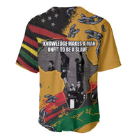 Back of multicolor baseball jersey with star-and-map design and slogan text, short sleeves