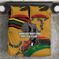 Yellow Juneteenth bedding set with two pillows, chains and map graphic, bold slogan