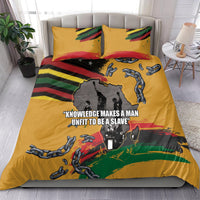 Yellow bedding set on bed with two pillows, handcuffs chain motifs and slogan print