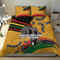 Yellow bedding set with two pillows, centered map graphic, chains and bold slogan