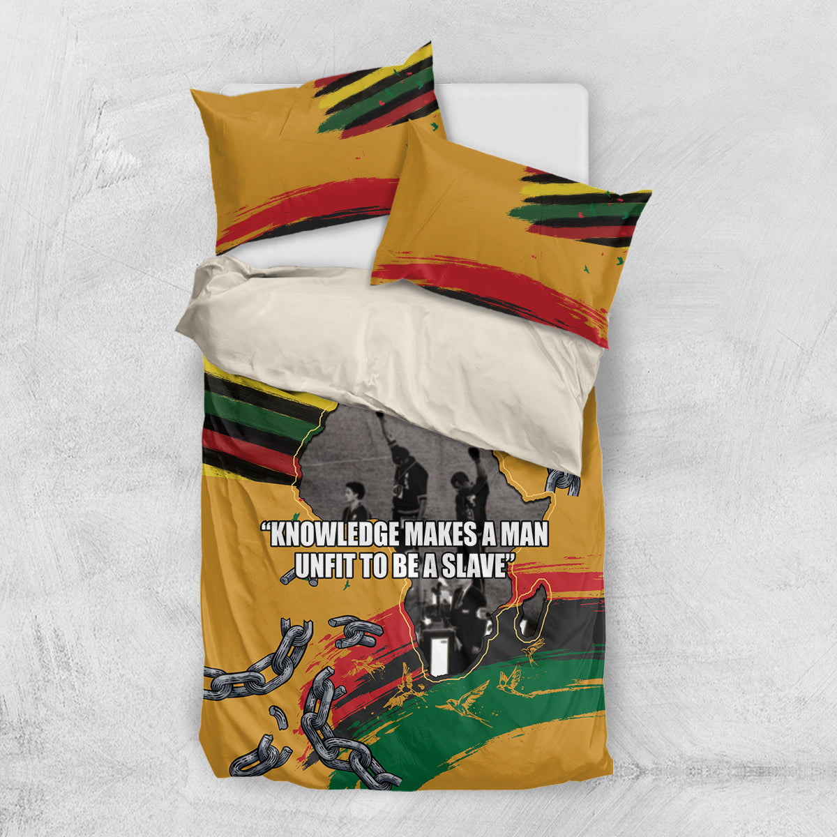 Yellow bedding set with duvet and two pillowcases, chains motif and slogan text