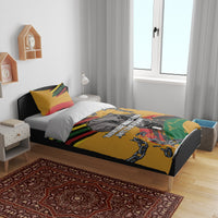 Yellow duvet and pillowcases with handcuffs and chains, map silhouette and slogan print