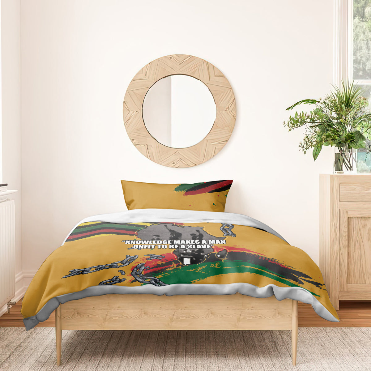 Yellow bedding set with two pillowcases, rainbow stripes, chains and map graphic