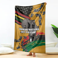 Juneteenth Freedom Day blanket, yellow with African map, chains, and slogan
