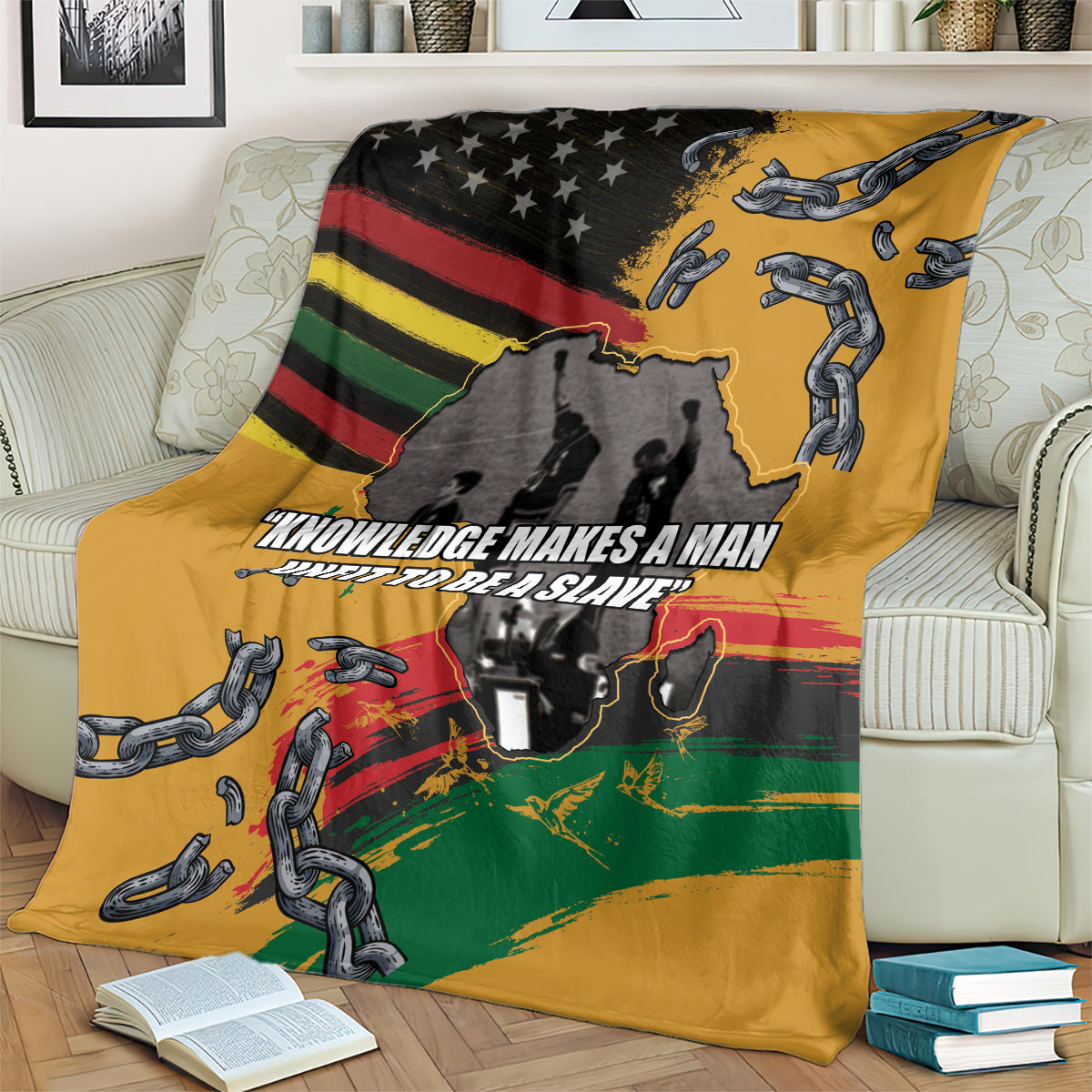 Juneteenth Freedom Day blanket close view, yellow with chains, African map, and slogan