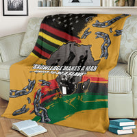 Juneteenth Freedom Day blanket close view, yellow with chains, African map, and slogan