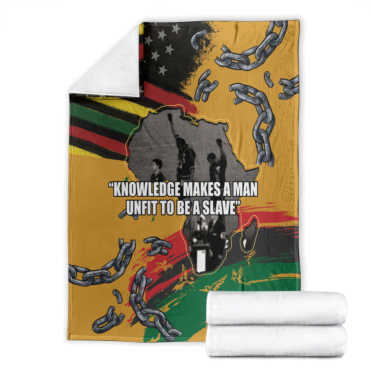 Juneteenth Freedom Day blanket folded, yellow with African map, chains, and slogan