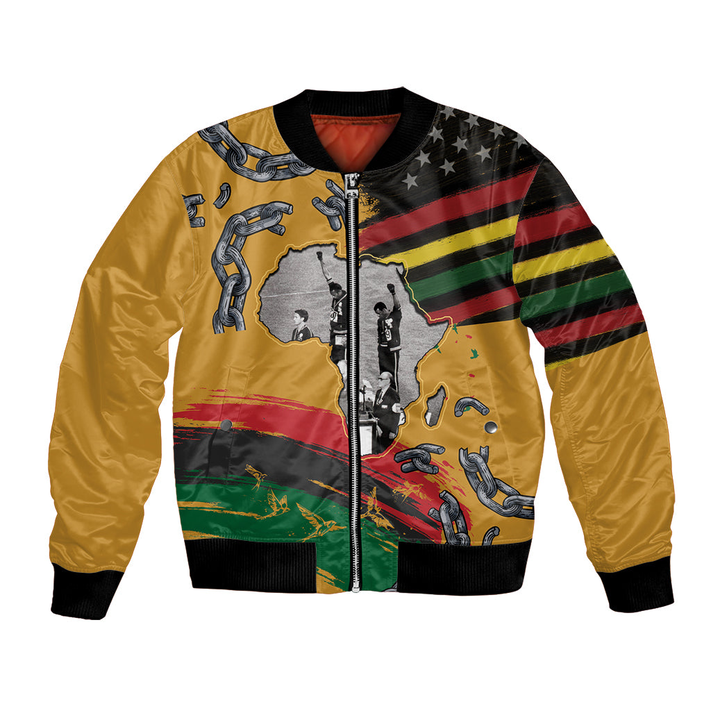 Unisex yellow bomber jacket with multicolor graphic front and black ribbed trim