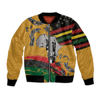 Unisex yellow bomber jacket with multicolor graphic front and black ribbed trim