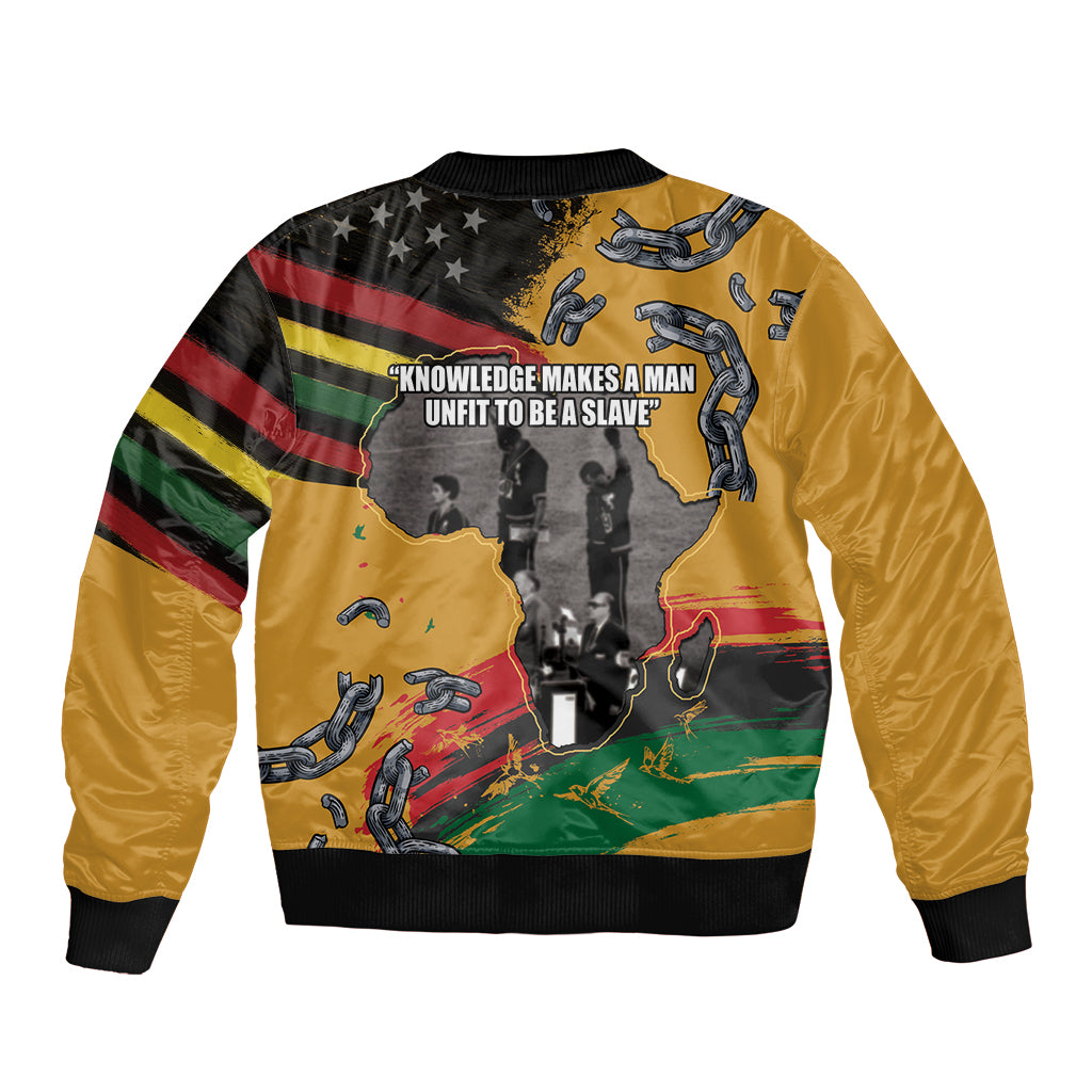 Unisex yellow bomber jacket with black ribbed trim and quote graphic on back