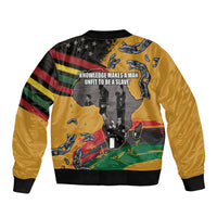 Unisex yellow bomber jacket with black ribbed trim and quote graphic on back