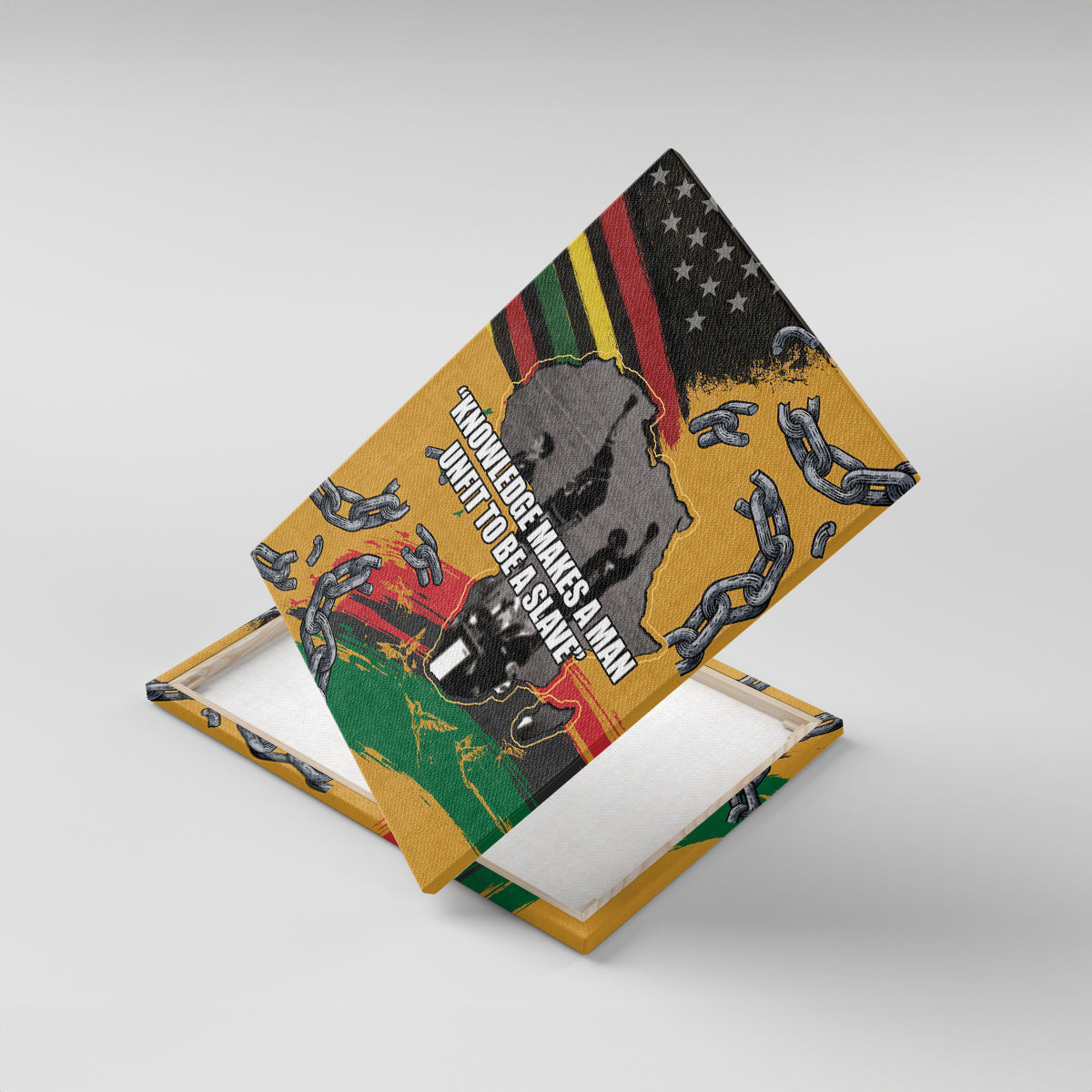 Canvas wall art angled view with broken chain and raised fist pattern around map