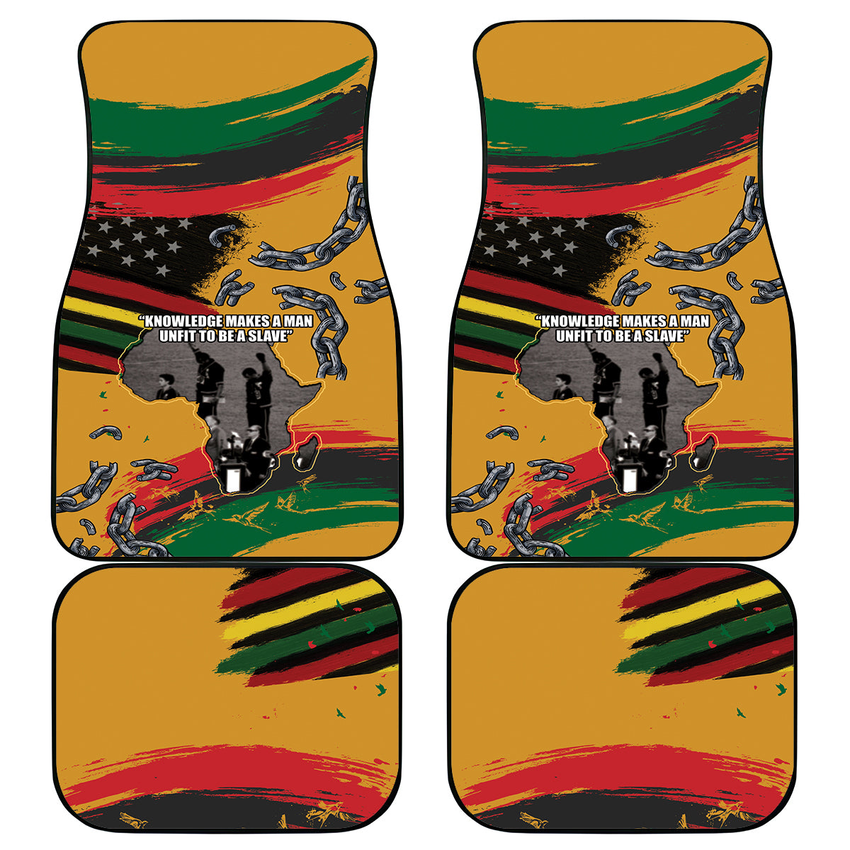 Set of four yellow patriotic car mats with red green stripes and silhouettes