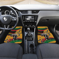 Two yellow patriotic car floor mats with flag stripes and silhouette print