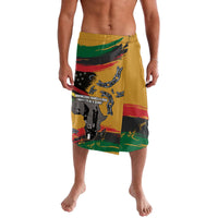 Men's printed wrap skirt, yellow with red/green stripes and black freedom graphic