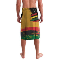 Men's printed wrap skirt, yellow back with red/green stripe panels and black stars