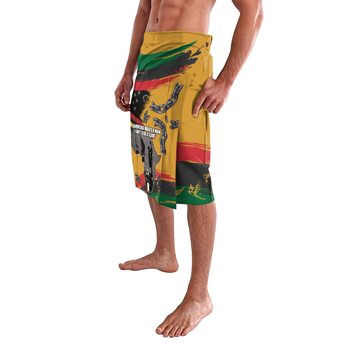 Men's printed wrap skirt, yellow with side red/green stripes and raised fist/chain art