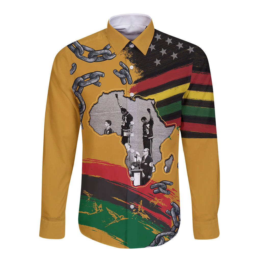 Unisex long-sleeve button-up shirt in mustard yellow with bold multicolor front graphic