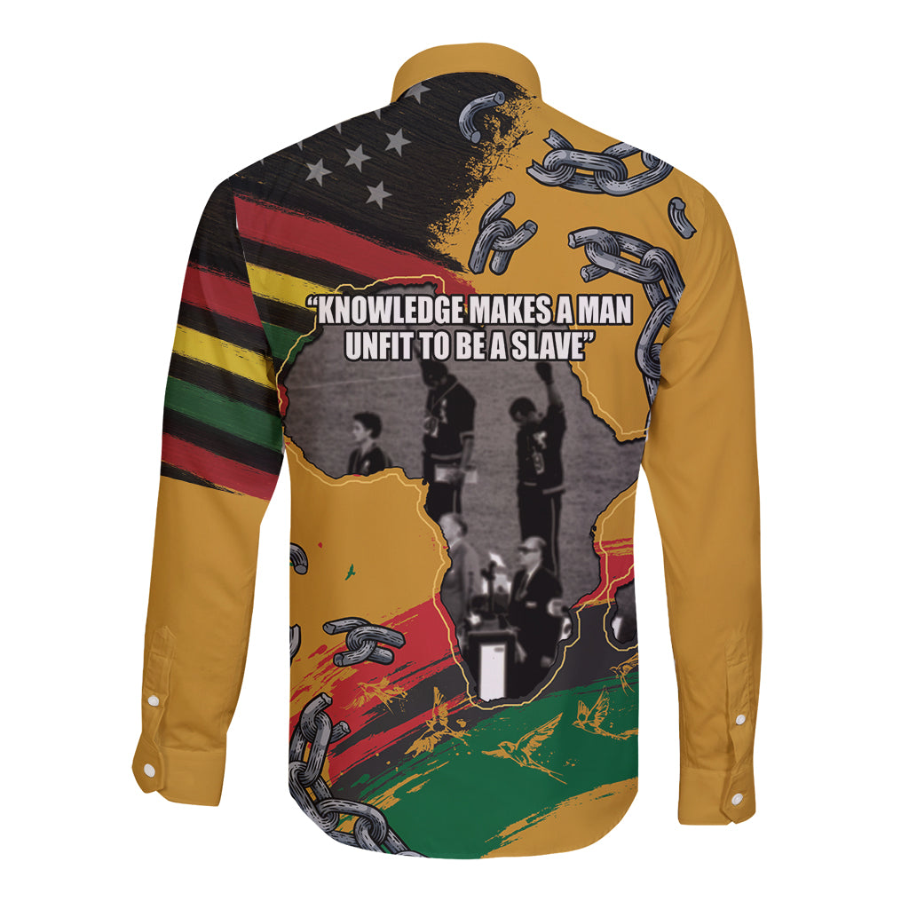 Unisex long-sleeve button-up shirt mustard yellow with back quote and multicolor graphic