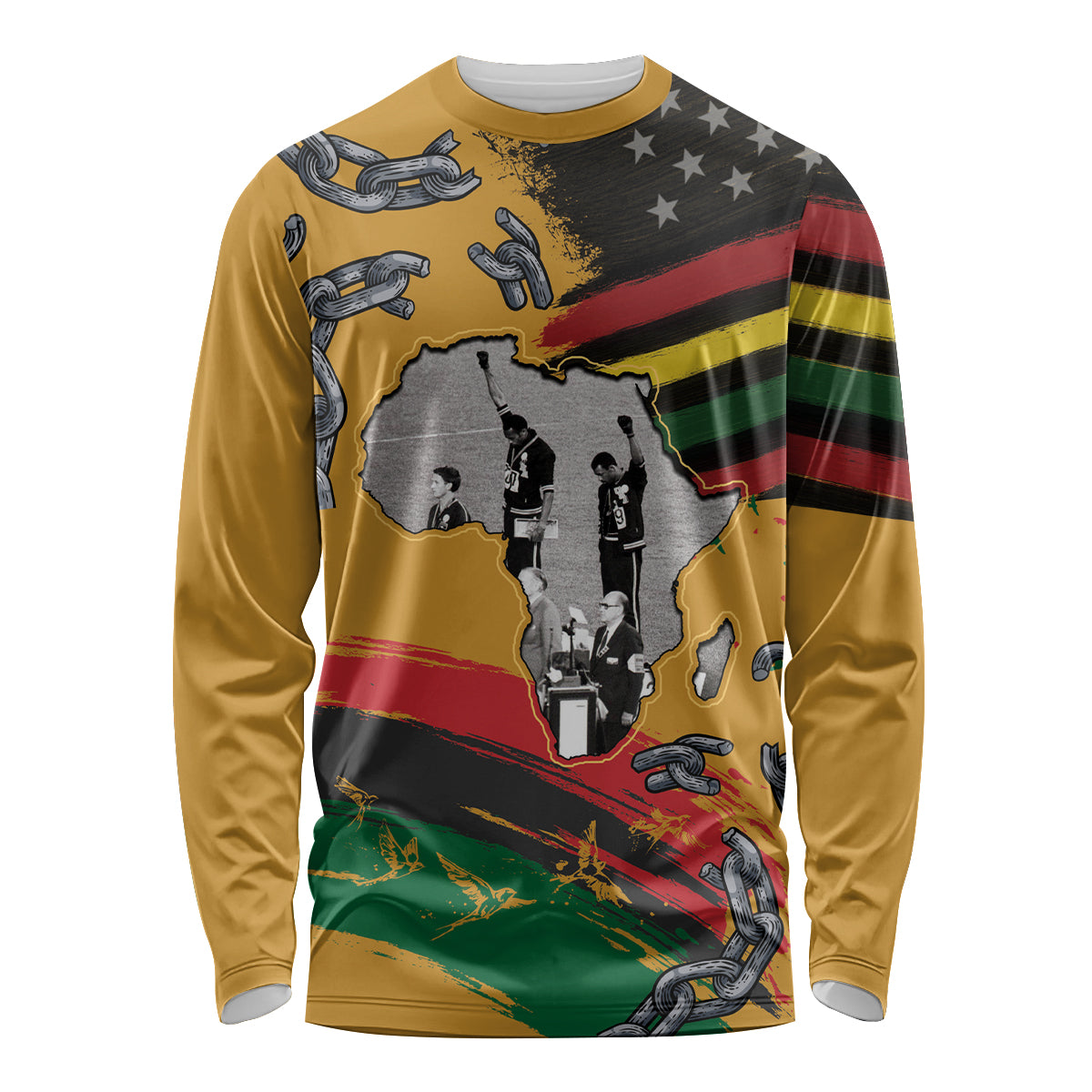 Unisex long sleeve shirt, yellow with full graphic map, fists, stars, and salute