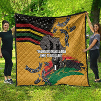Yellow quilt spread out with black stars, rainbow stripes, chain silhouettes, and slogan text.