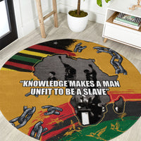 Round yellow carpet with bold quote, chain icon, and illustrated map center