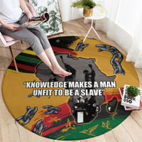 Round yellow carpet with graphic map, chains, and quote design