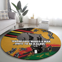 Round yellow carpet with quote and map graphic, chain illustrations along edges