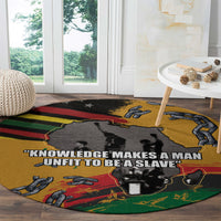 Round yellow round carpet with quote text and large map silhouette graphic