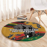 Round yellow carpet with centered quote and raised chain illustrations on sides