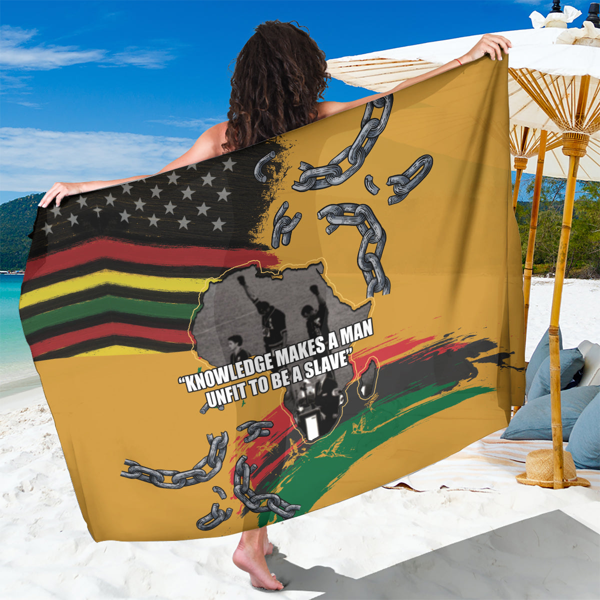 Yellow printed sarong with chain links, star stripe graphic and quote text