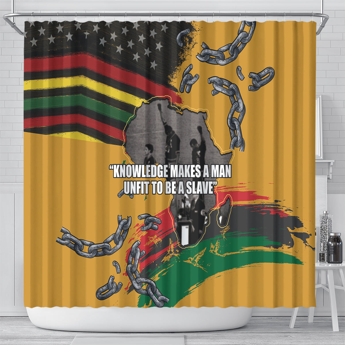 Yellow shower curtain with U.S. flag graphic, broken chains, and centered message panel