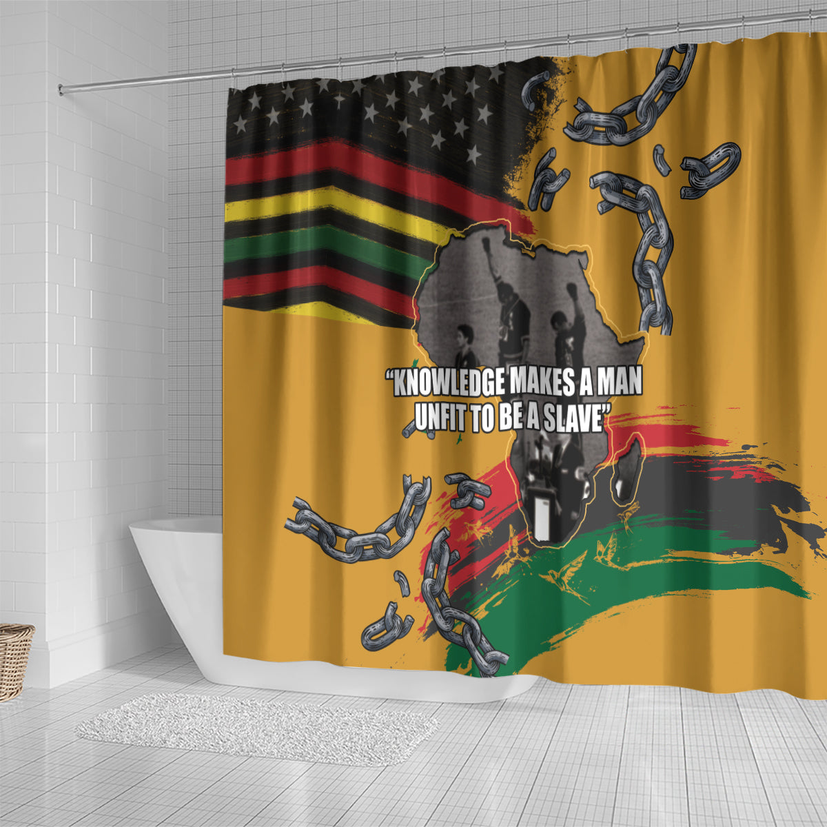 Yellow shower curtain panel with U.S. flag stripes, broken chain symbols, and message