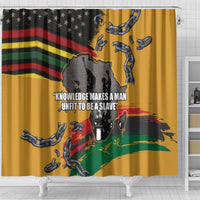 Yellow shower curtain with bold U.S.-style stripes, broken chains, and message quote