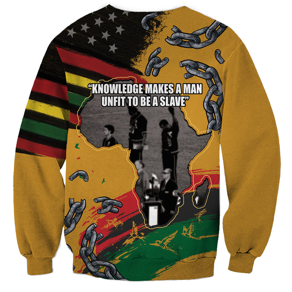 Unisex sweatshirt, yellow with back quote and multicolor map graphic with chain and figures