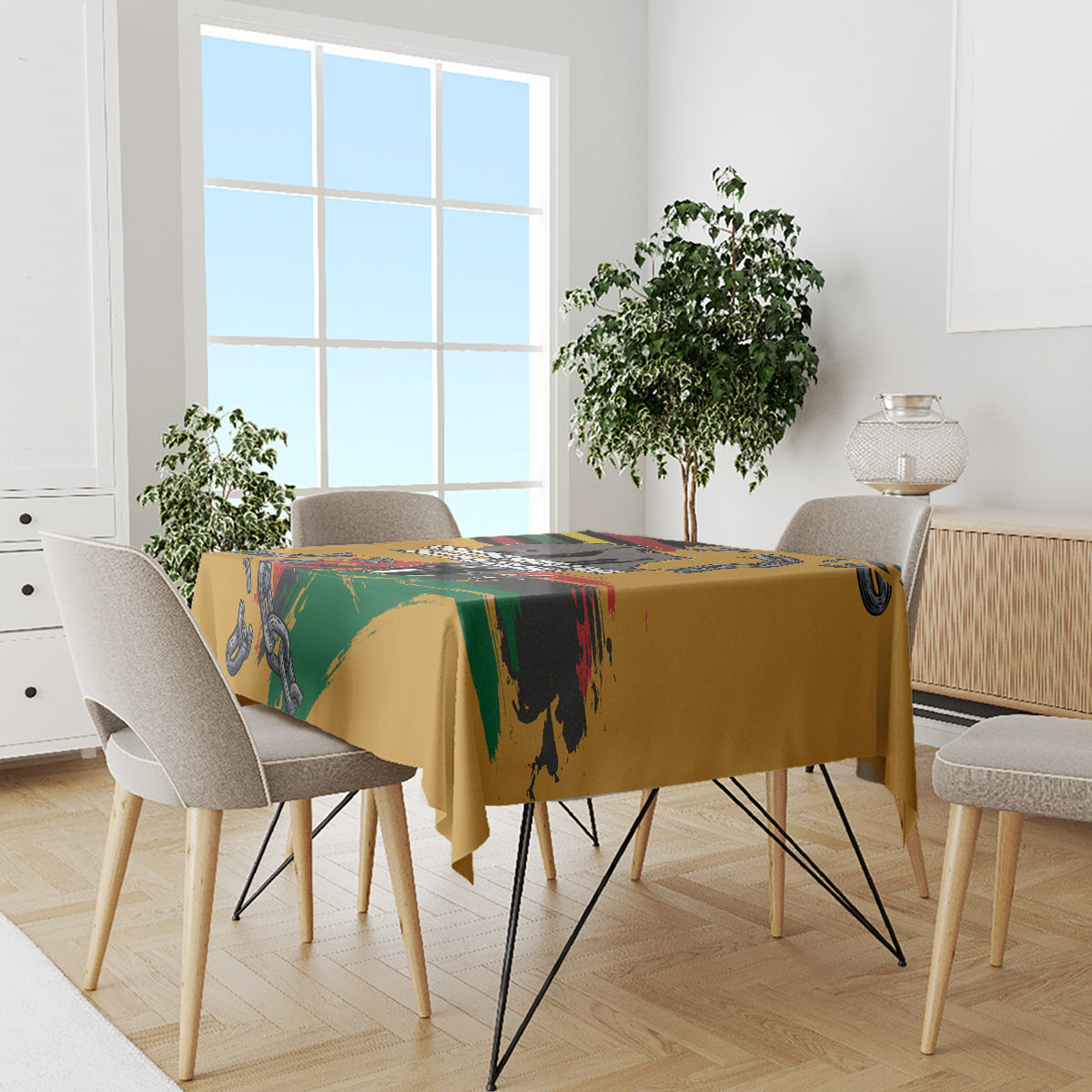 Yellow tablecloth with bold chain and rainbow stripe design on dining table