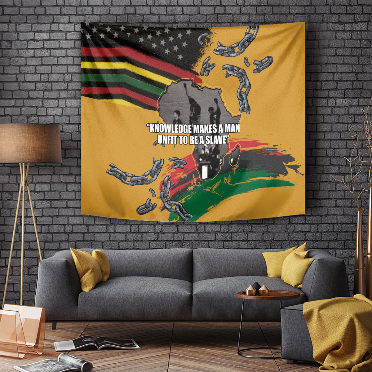 Yellow Juneteenth Freedom Day tapestry featuring bold quote text, broken chain figures, and map.