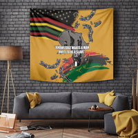 Yellow Juneteenth Freedom Day tapestry featuring bold quote text, broken chain figures, and map.