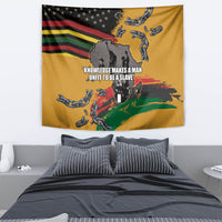 Yellow Juneteenth Freedom Day tapestry with central quote, US stars corner, and rainbow stripes.