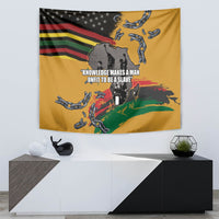 Yellow Juneteenth Freedom Day tapestry with map silhouette, broken chains, and rainbow paint streaks.