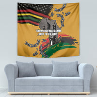 Yellow Juneteenth Freedom Day tapestry showing chained hands, central quote, and rainbow stripe accents.
