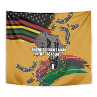 Yellow Juneteenth Freedom Day tapestry with star flag, map silhouette, broken chains, and quote.