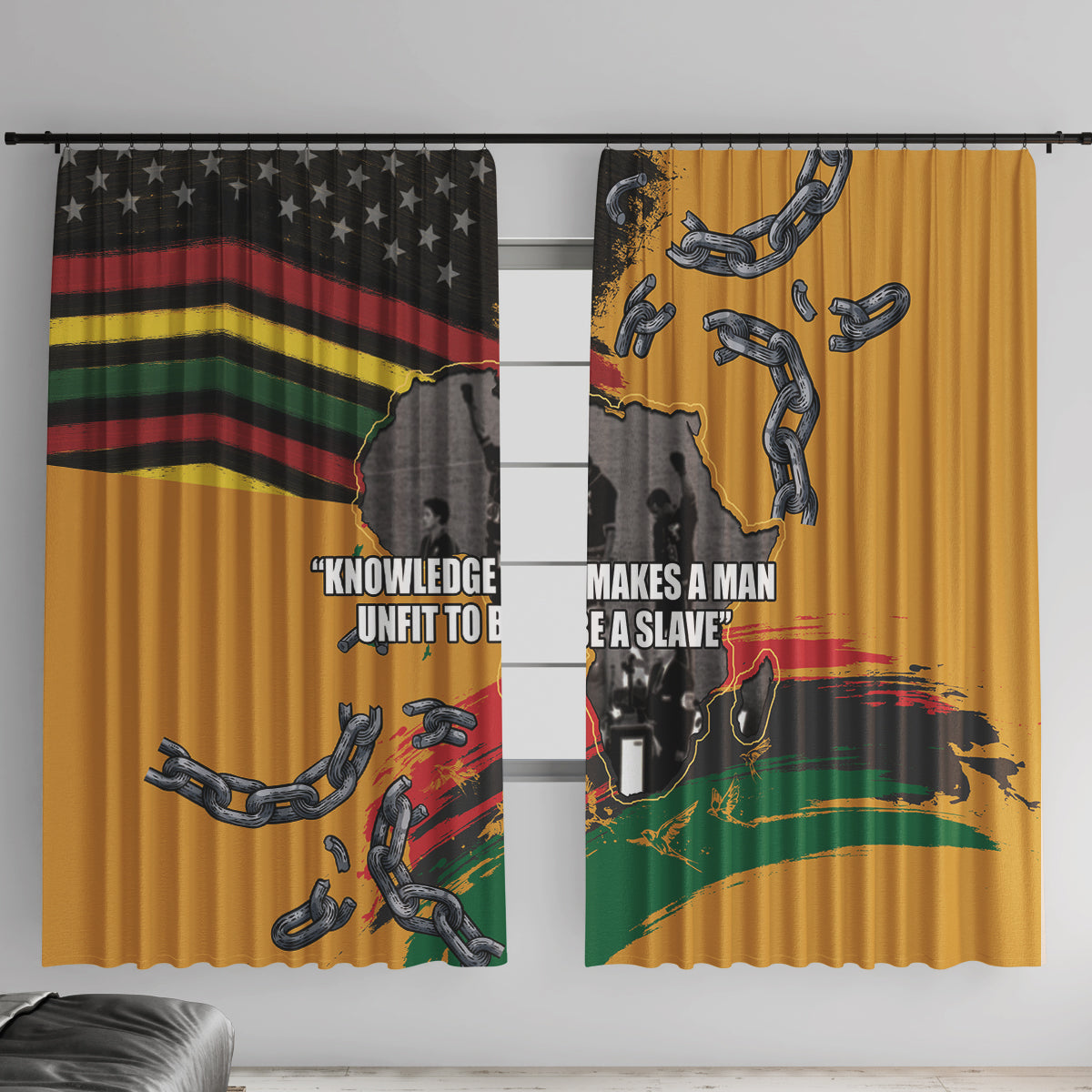 Yellow and dark window curtain pair with stars, handcuff icons, and quote text.