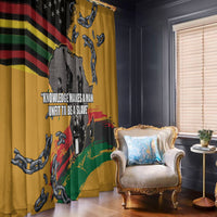 Yellow window curtain with bold quote text, handcuff icons, and red-green map-style background.
