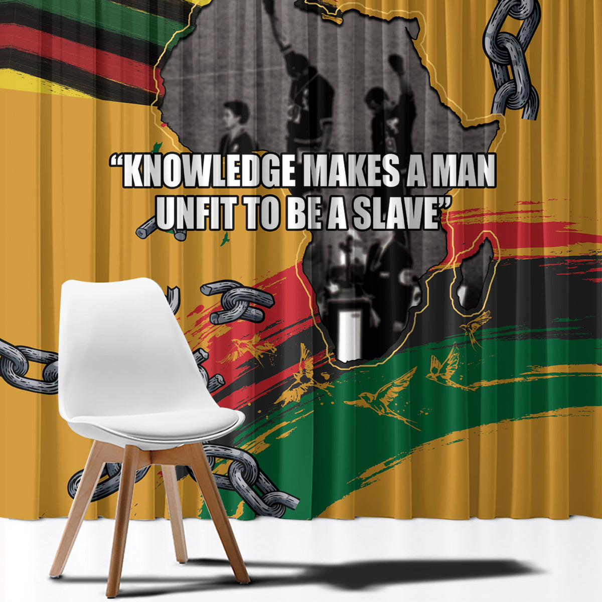 Close-up yellow window curtain with large quote text, handcuff icons, and red-green splatter.