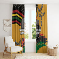 Yellow window curtain panel set with black star section, red-green stripes, and chain graphics.