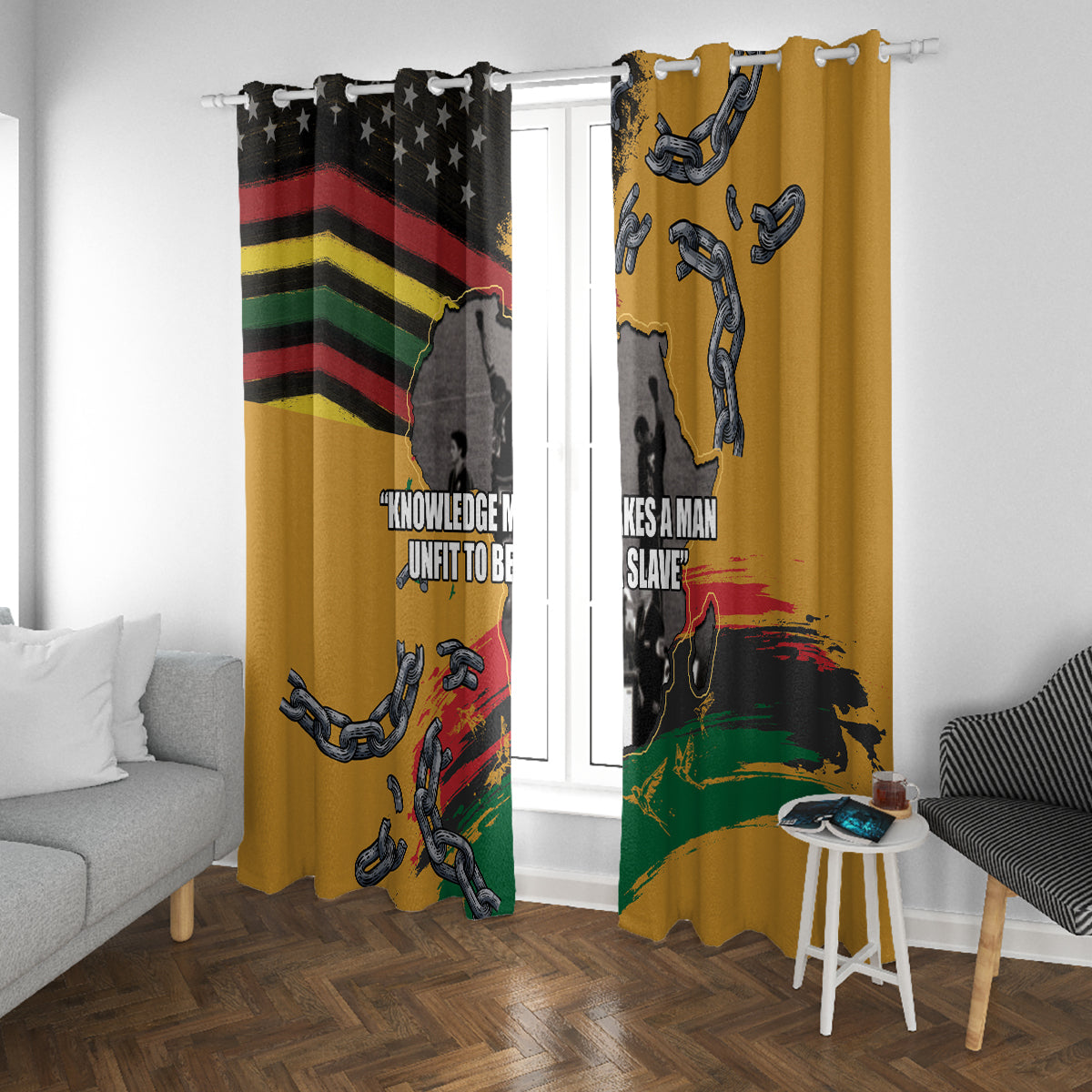 Yellow window curtain panels with star section, red-green waves, and chain graphics.